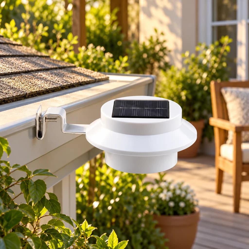 La lampe solaire blanche installée près d’une petite cour, en fin de journée