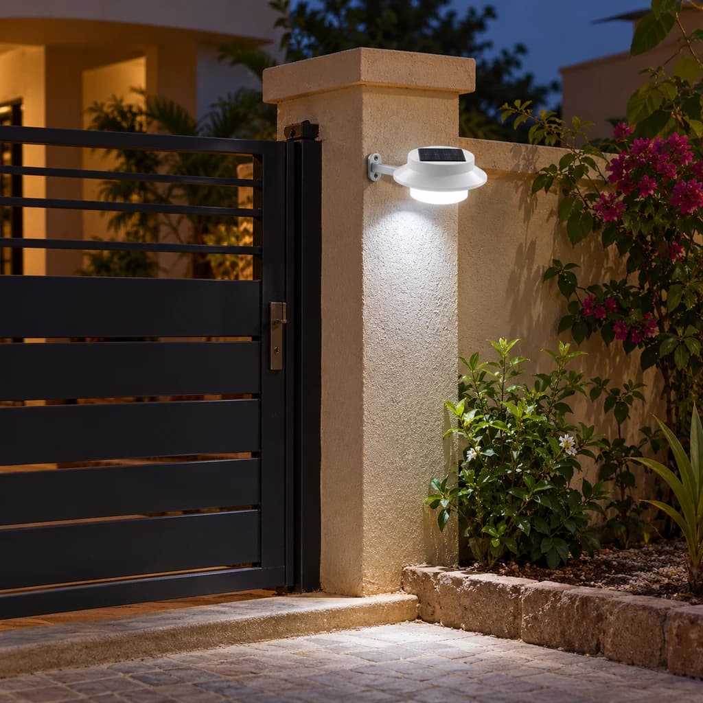 Une lampe blanche apporte une lumière d’appoint près de l’entrée d’une cour