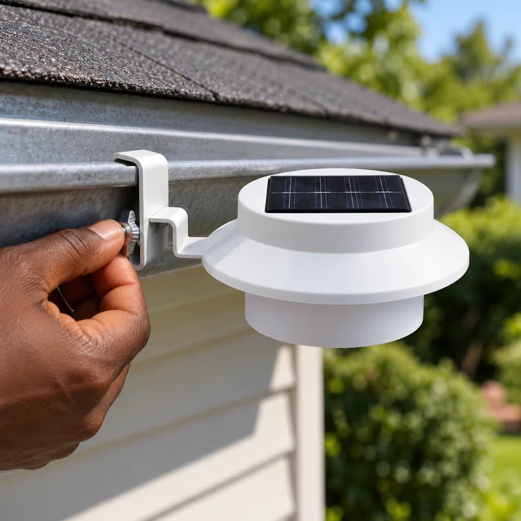 Une main serre le support de la lampe blanche sur le bord d’une gouttière