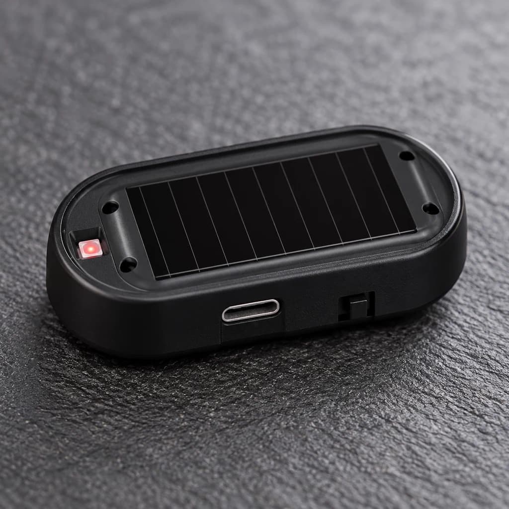 Détail du port USB d’appoint et du boîtier noir du voyant solaire